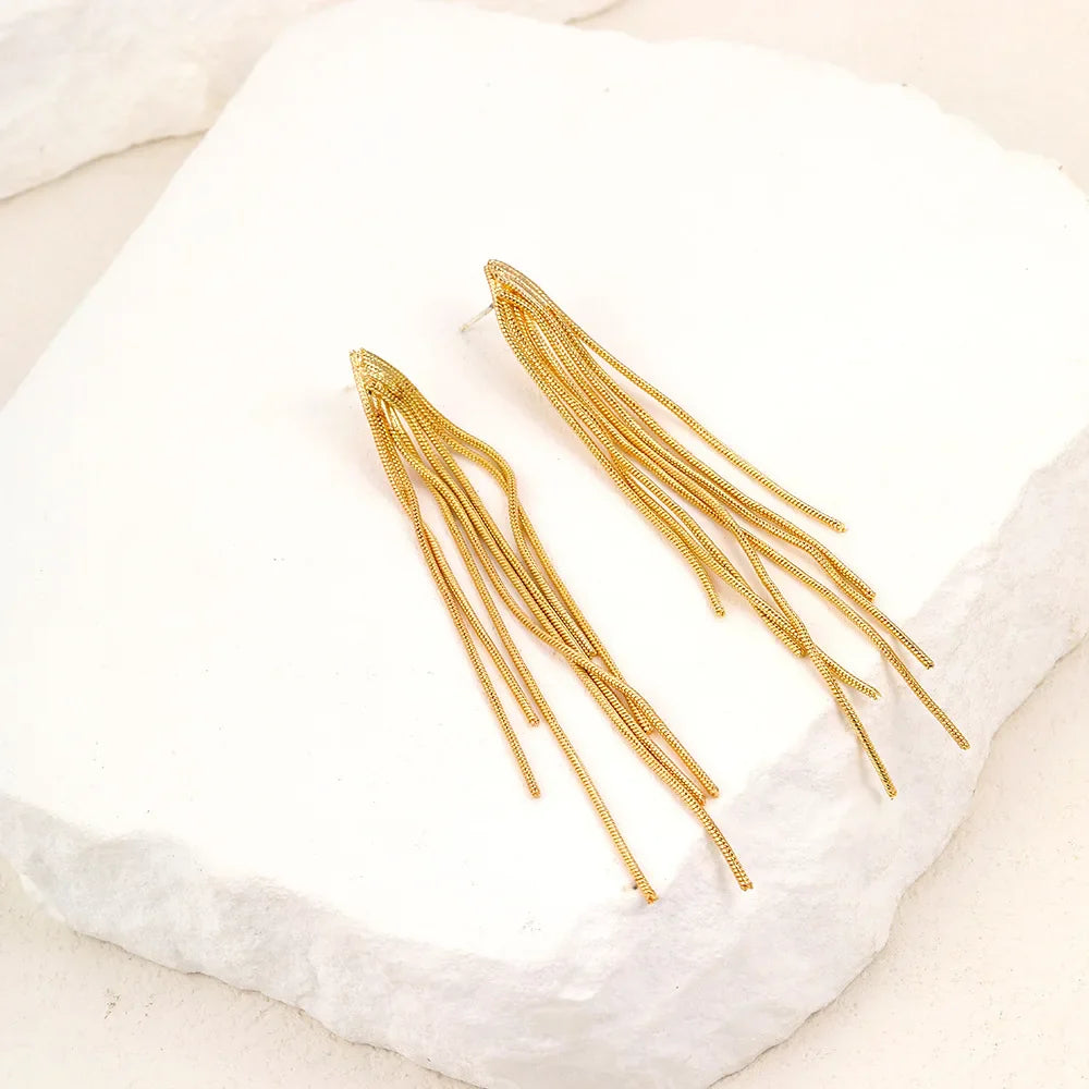 Gold Bling Tassel Statement Earrings – Elegant Long Drop Design for Women
