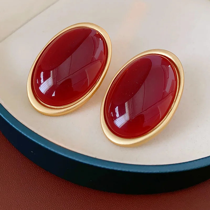 Pendientes Elariah de resina roja vintage – Pendientes grandes geométricos dorados para mujer