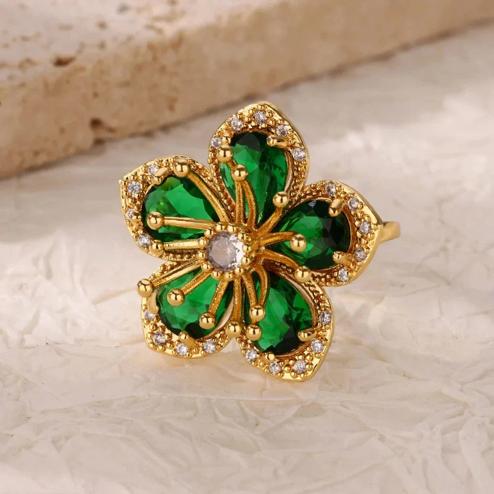 Luxury Gold-Plated Heart Ring with Colorful Zircon Stones – Adjustable Stainless Steel Cocktail Ring for Women
