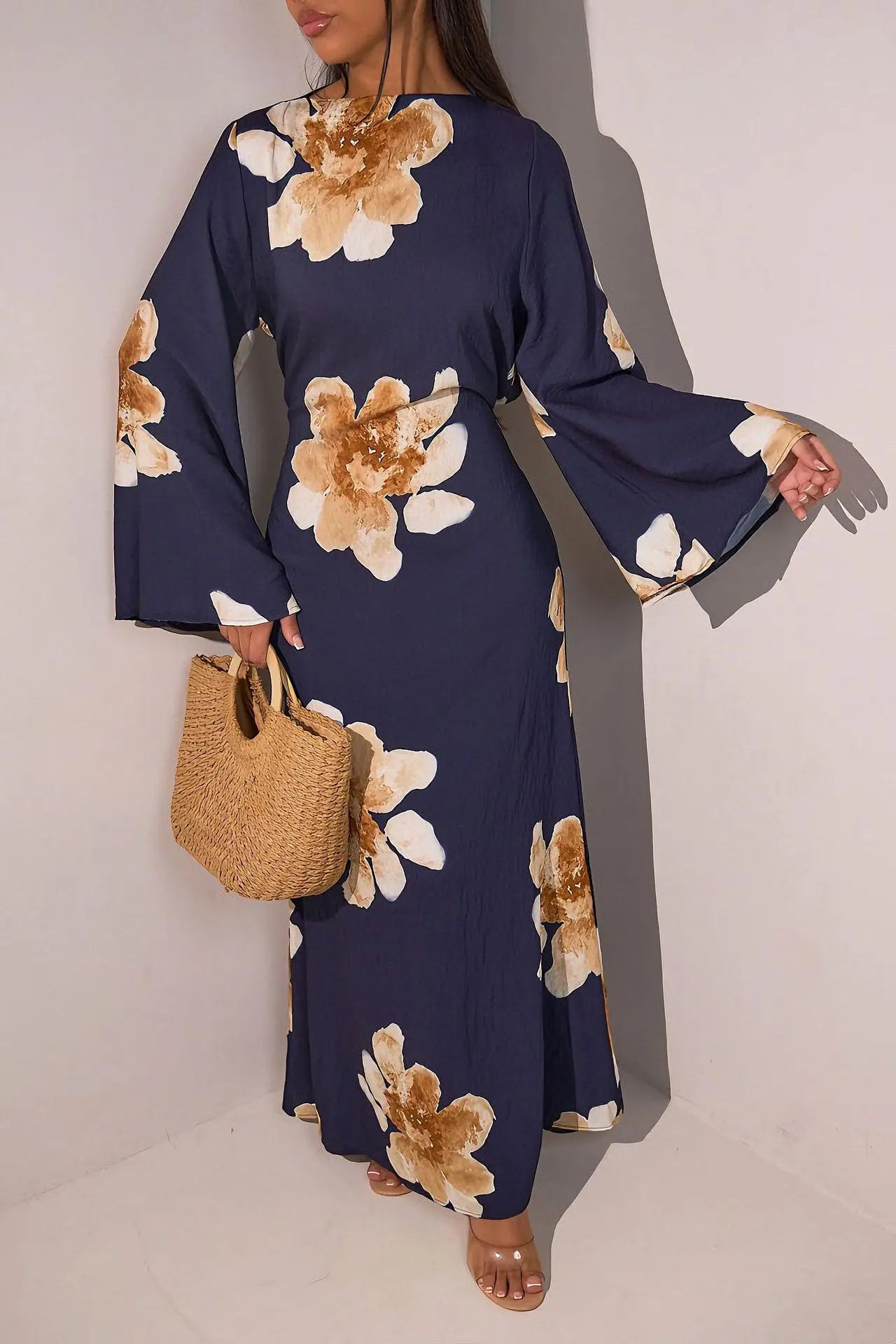 Vestido Abaya modesto con estampado floral Elariah para mujer – Caftán musulmán de manga larga, elegante vestido maxi Jalabiya para Eid, Ramadán y ocasiones especiales