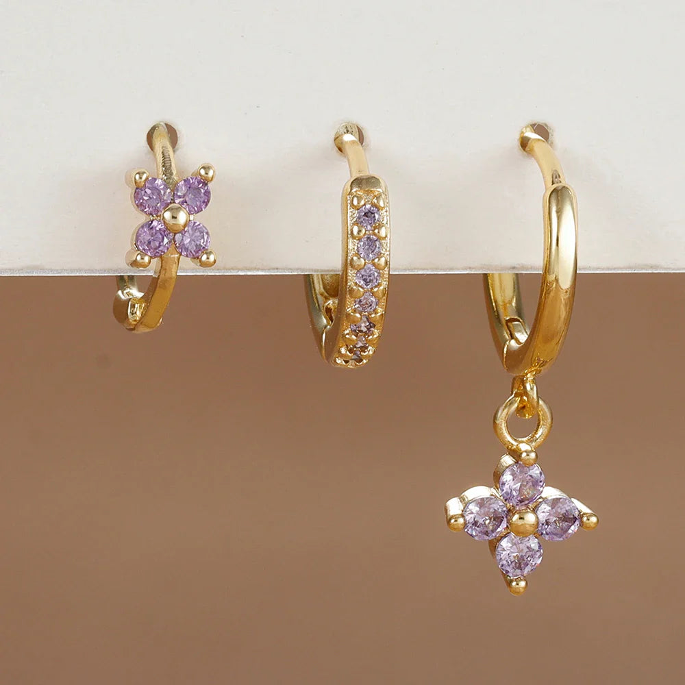 3-Piece Stainless Steel Flower Drop Earrings Set with Cubic Zirconia – Hypoallergenic Floral Dangle Earrings for Women