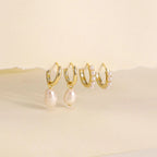 2-Pair Set Vintage Pearl Dangle Hoop Earrings – 18K Gold Plated Stainless Steel Hoops for Women