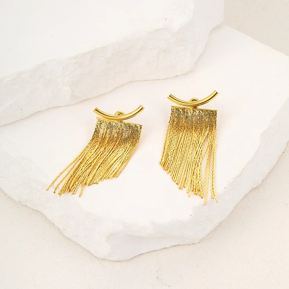 Gold Bling Tassel Statement Earrings – Elegant Long Drop Design for Women