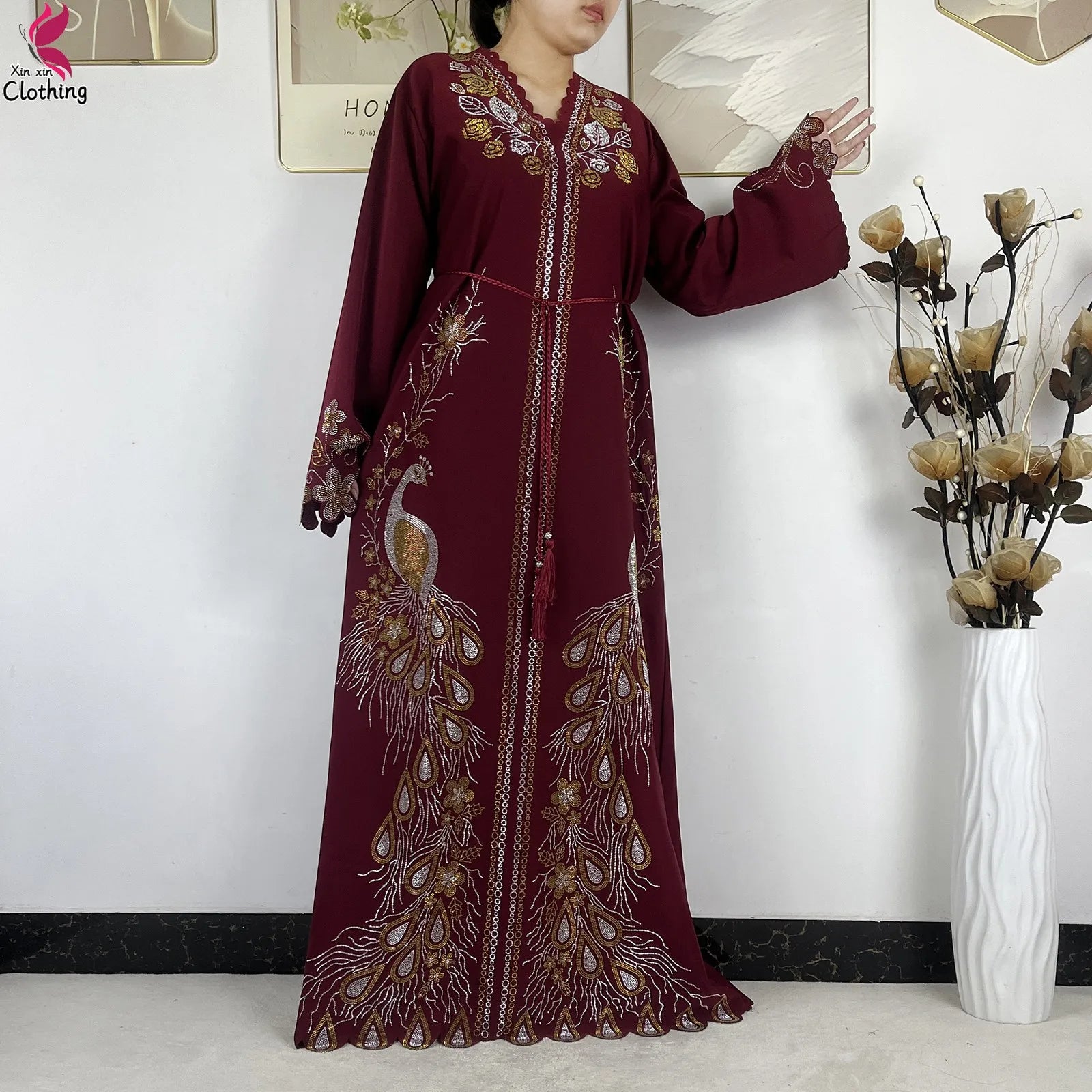 Elariah Diamond Chiffon Modest Abaya Dress – Elegant Long Sleeve Islamic Maxi Robe