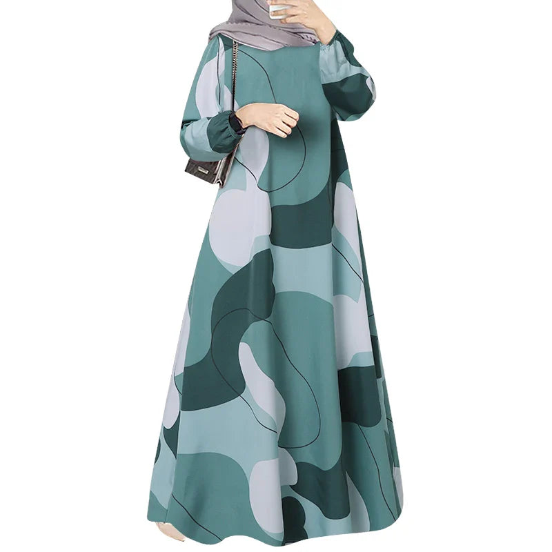 Elariah Women's Printed Maxi Kaftan Dress – Loose Fit Long Sleeve O-Neck Modest A-Line Abaya