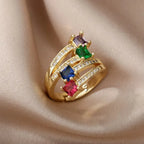 Luxury Gold-Plated Heart Ring with Colorful Zircon Stones – Adjustable Stainless Steel Cocktail Ring for Women