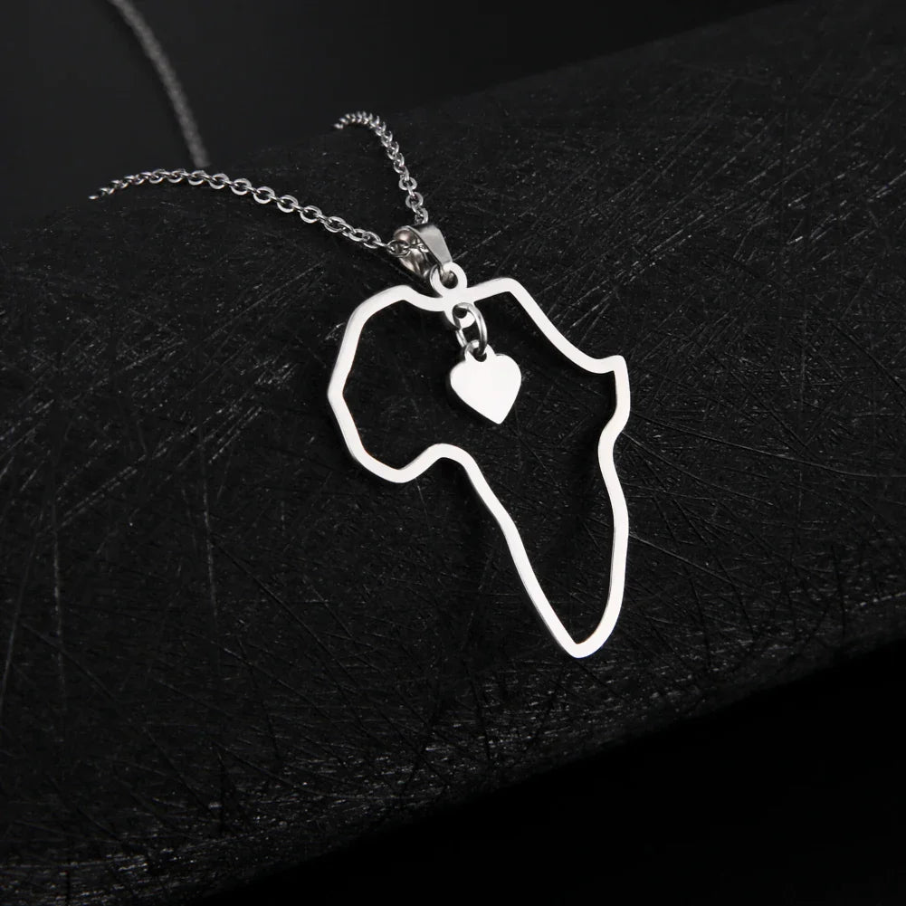 Trendy African Map Pendant Necklace for Women – Stainless Steel Geometric Motherland Necklace, Gold, Rose Gold, or Steel Color