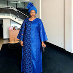 Plus Size African Embroidered Maxi Dress with Headscarf for Women – Dashiki Bazin Style Wedding & Party Dress (L–4XL)