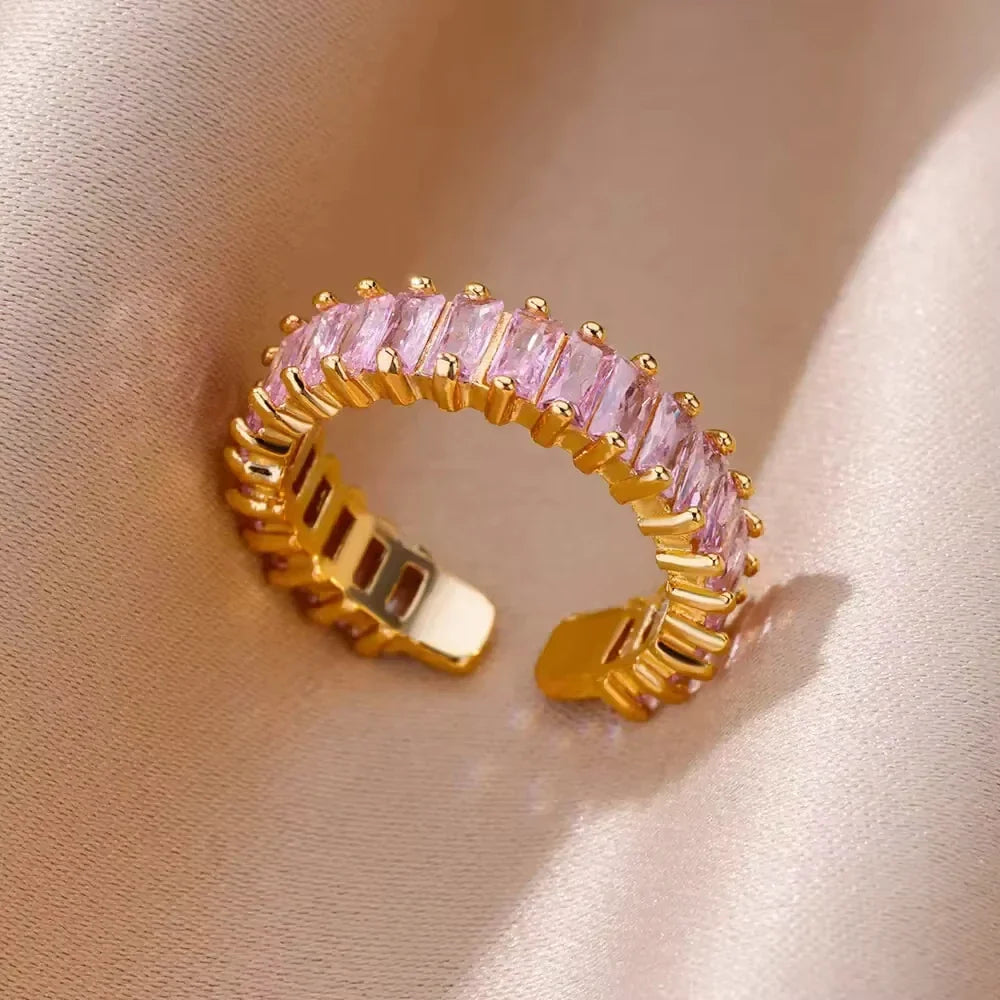 Luxury Gold-Plated Heart Ring with Colorful Zircon Stones – Adjustable Stainless Steel Cocktail Ring for Women
