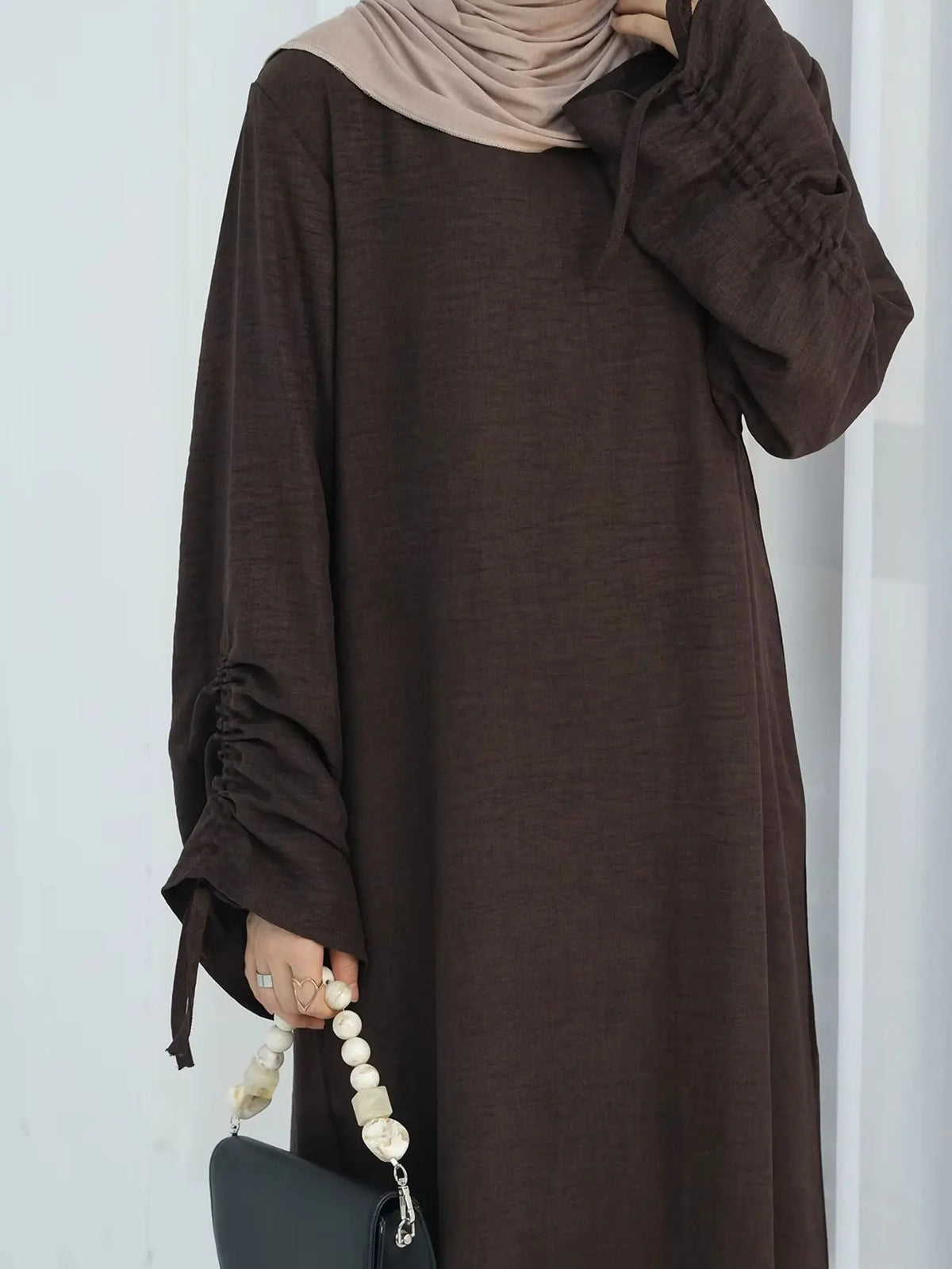 Elariah Women's Modest Lace-Up Sleeve Abaya Dress – Loose Fit Islamic Maxi Kaftan Robe for Eid, Ramadan & Everyday Wear