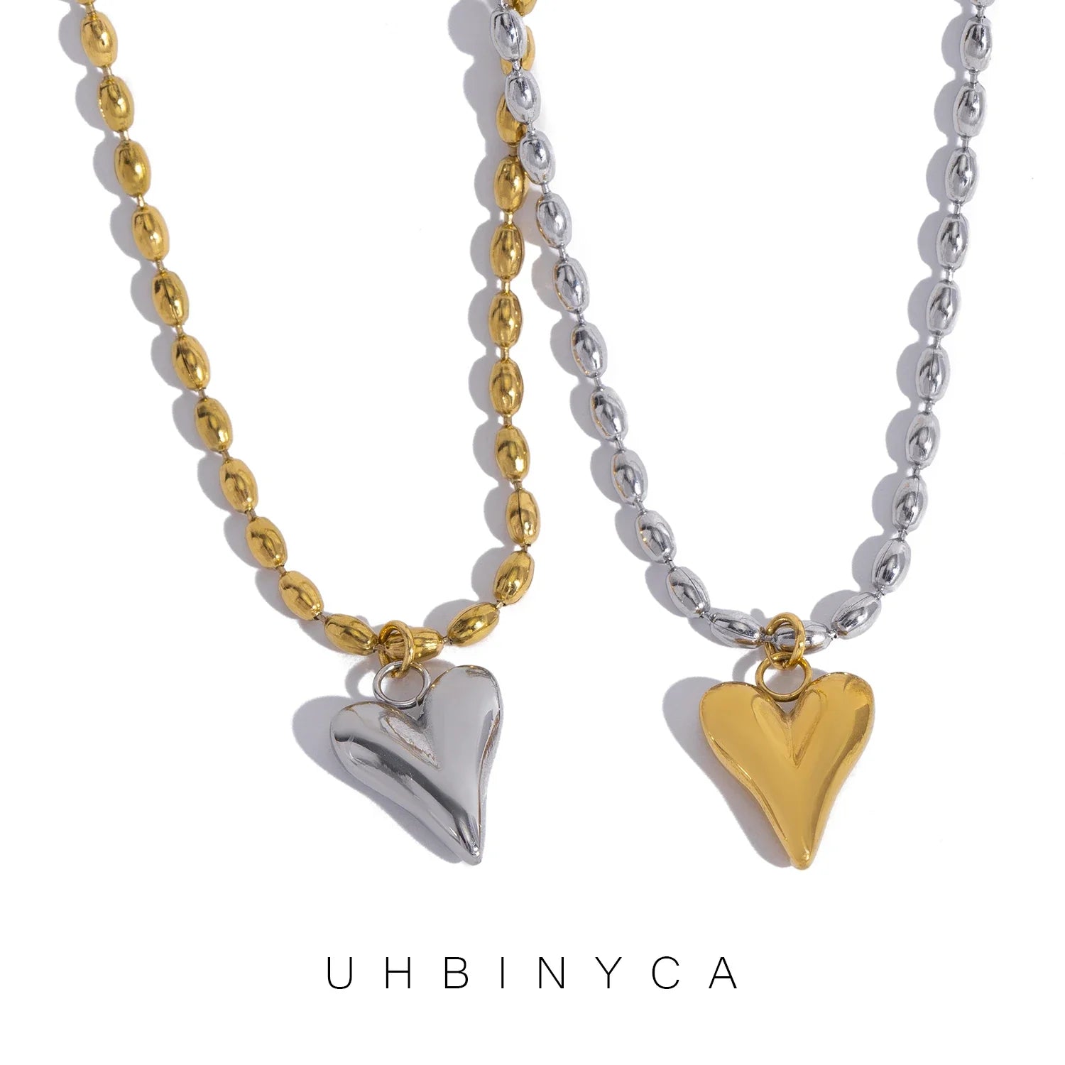 18K Gold Plated Heart Pendant Necklace – Stainless Steel Bead Chain, Dainty Romantic Jewelry for Women