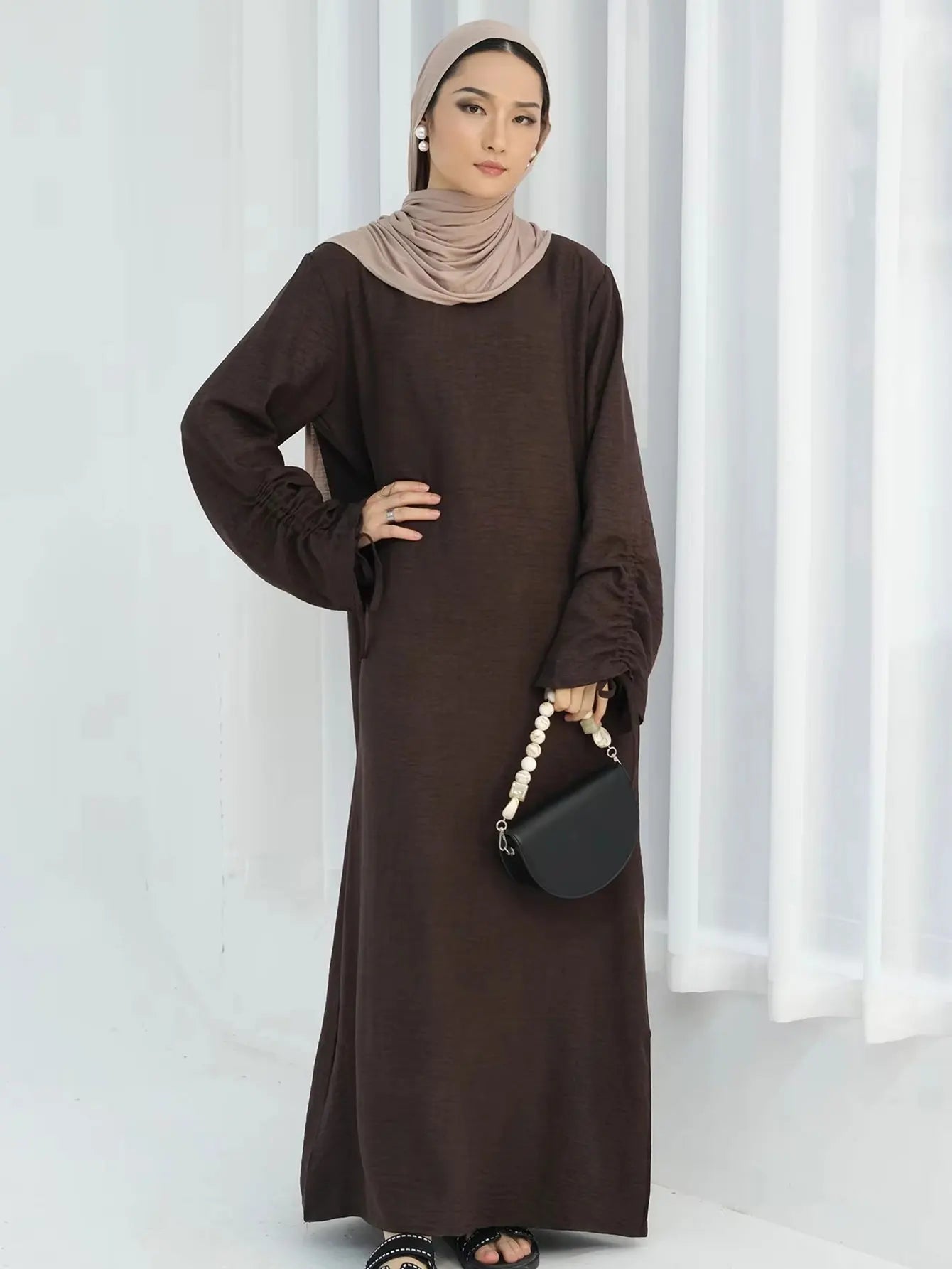 Elariah Women's Modest Lace-Up Sleeve Abaya Dress – Loose Fit Islamic Maxi Kaftan Robe for Eid, Ramadan & Everyday Wear
