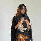 Elariah Women's Floral Print Open Front Abaya with Matching Hijab Scarf – Modest Maxi Cardigan Kaftan, Black Polyester