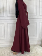 Elegant Modest Maxi Dress with Waist Tie – Long Sleeve Woven Abaya Style Dress for Women (All Season)