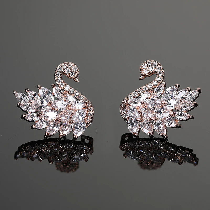 Swan Zircon Stud Earrings for Women – Gold Plated Copper Long Swan Earrings with Micro-Pavé Cubic Zirconia | Elegant Goddess Style Jewelry