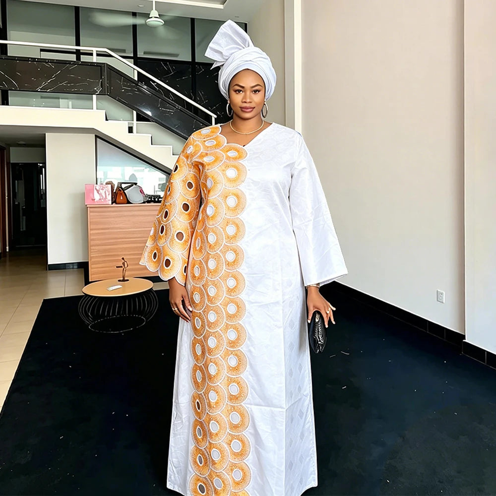 Plus Size African Embroidered Maxi Dress with Headscarf for Women – Dashiki Bazin Style Wedding & Party Dress (L–4XL)