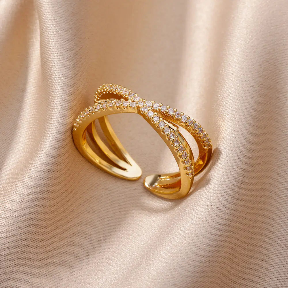 ELARIAH 18K Gold Plated Zircon Geometric Open Ring – Adjustable Stainless Steel Wedding & Party Band for Women