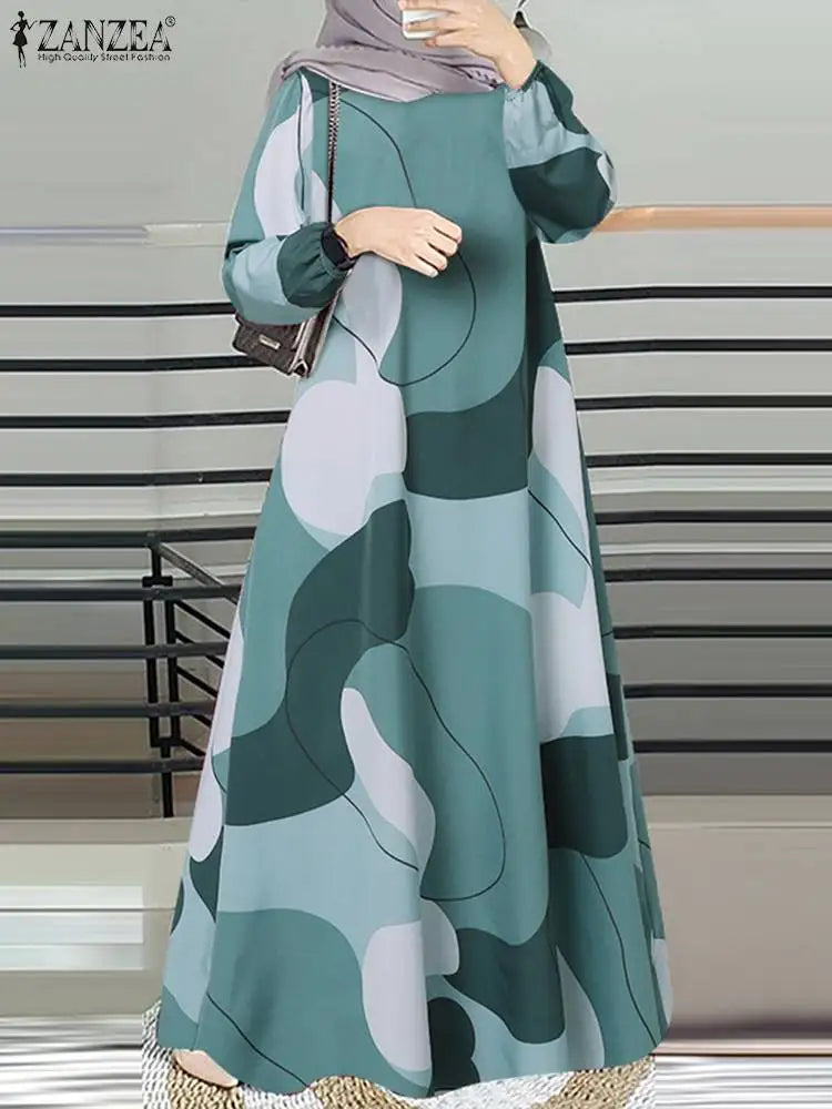Elariah Women's Printed Maxi Kaftan Dress – Loose Fit Long Sleeve O-Neck Modest A-Line Abaya