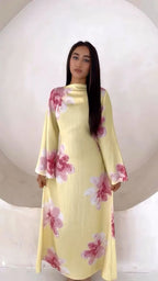 Vestido Abaya modesto con estampado floral Elariah para mujer – Caftán musulmán de manga larga, elegante vestido maxi Jalabiya para Eid, Ramadán y ocasiones especiales