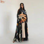 Elariah Women's Floral Print Open Front Abaya with Matching Hijab Scarf – Modest Maxi Cardigan Kaftan, Black Polyester