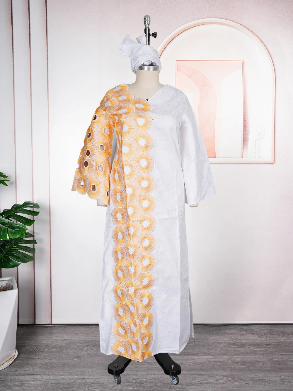 Plus Size African Embroidered Maxi Dress with Headscarf for Women – Dashiki Bazin Style Wedding & Party Dress (L–4XL)