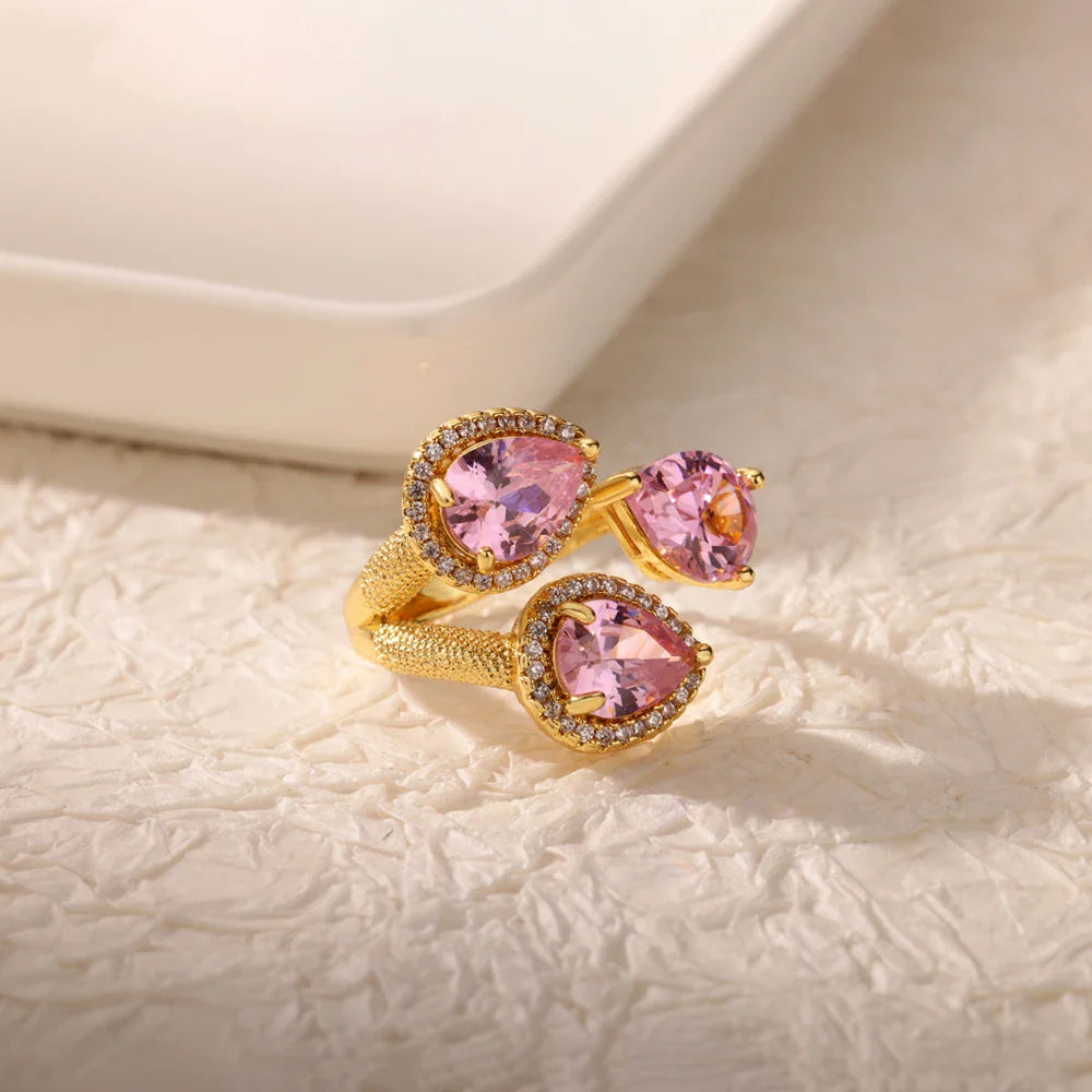 Luxury Gold-Plated Heart Ring with Colorful Zircon Stones – Adjustable Stainless Steel Cocktail Ring for Women