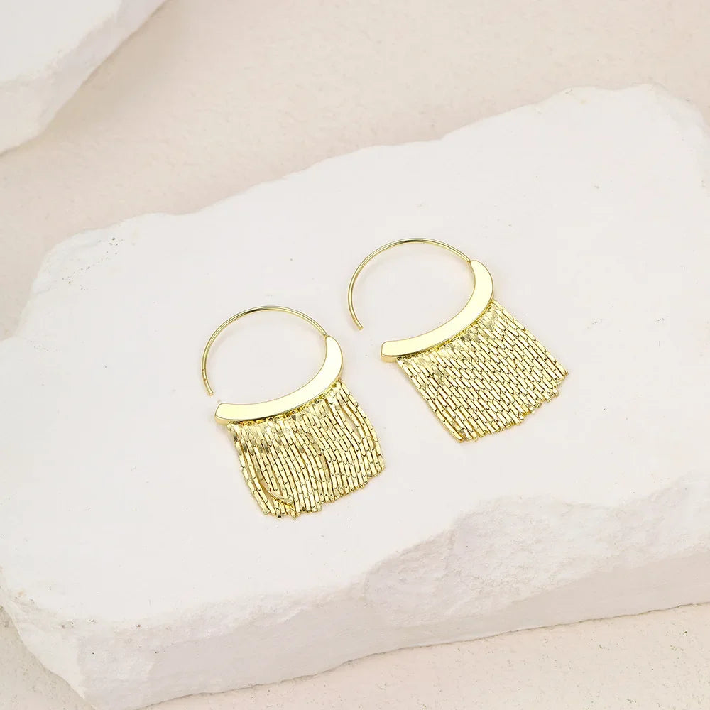 Gold Bling Tassel Statement Earrings – Elegant Long Drop Design for Women