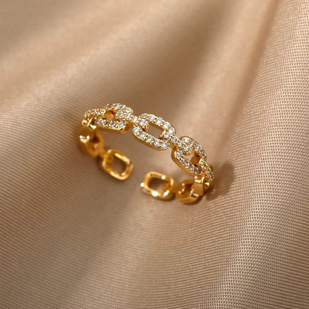 ELARIAH 18K Gold Plated Zircon Geometric Open Ring – Adjustable Stainless Steel Wedding & Party Band for Women