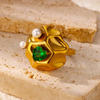 Luxury Gold-Plated Heart Ring with Colorful Zircon Stones – Adjustable Stainless Steel Cocktail Ring for Women