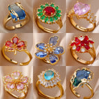 Luxury Gold-Plated Heart Ring with Colorful Zircon Stones – Adjustable Stainless Steel Cocktail Ring for Women