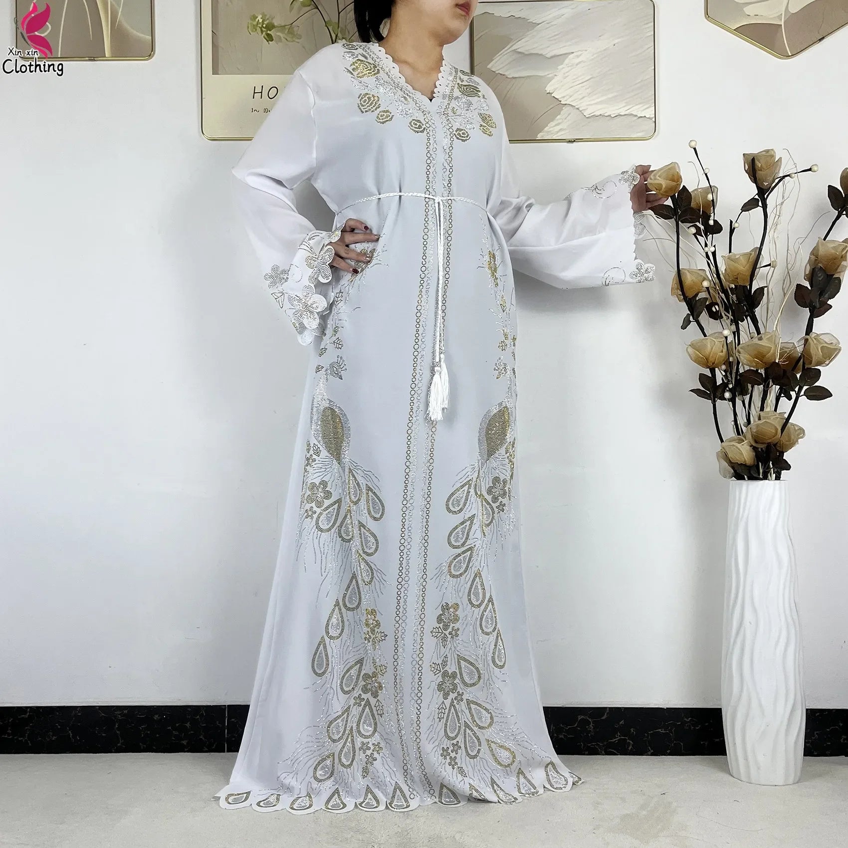 Elariah Diamond Chiffon Modest Abaya Dress – Elegant Long Sleeve Islamic Maxi Robe