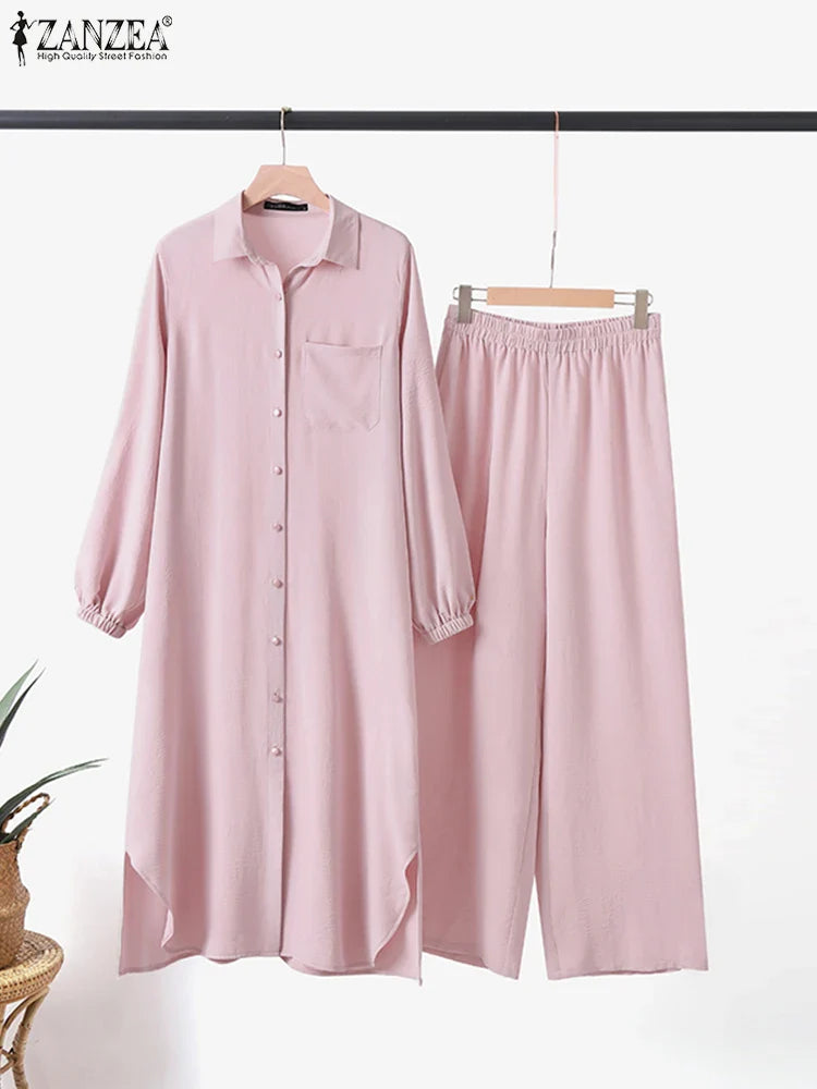 Elariah Modest Co-Ord Abaya Set – Long Sleeve Button Shirt & Wide-Leg Trousers | Casual Islamic Outfit for Women