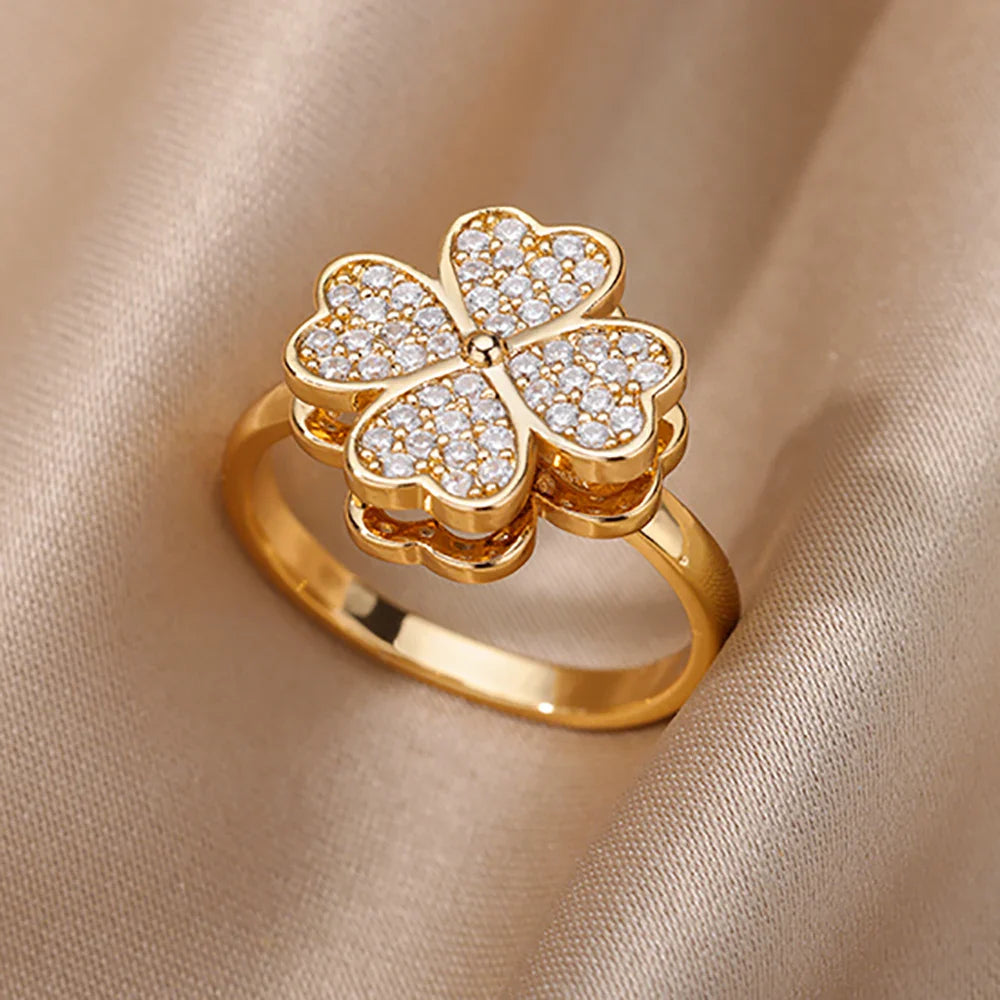 ELARIAH 18K Gold Plated Zircon Geometric Open Ring – Adjustable Stainless Steel Wedding & Party Band for Women