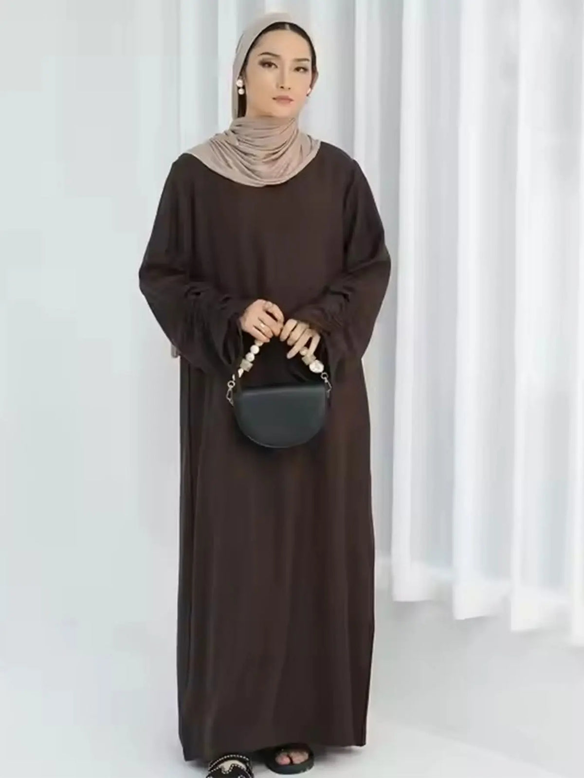 Elariah Women's Modest Lace-Up Sleeve Abaya Dress – Loose Fit Islamic Maxi Kaftan Robe for Eid, Ramadan & Everyday Wear