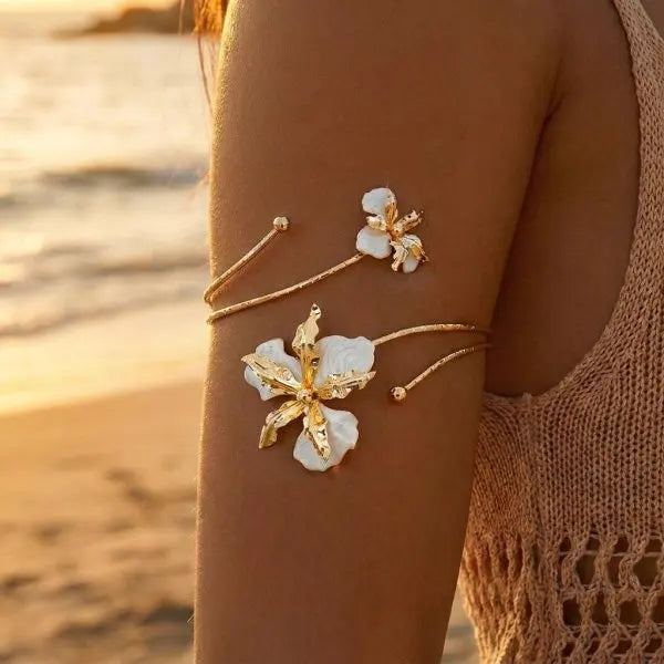 Elariah Antique Gold Hollow Flower Open Cuff Bracelet for Women – Adjustable Floral Boho Arm Cuff Bangle