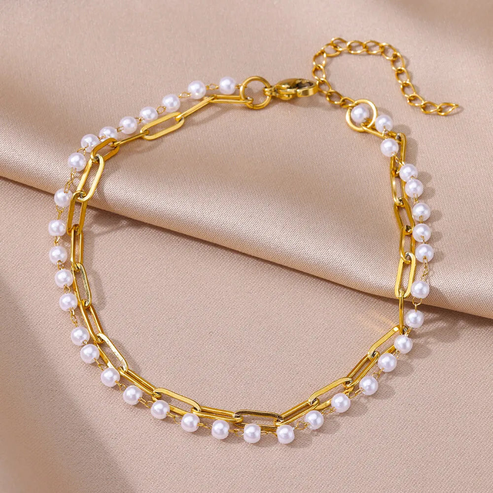 Elariah 18K Gold-Plated Stainless Steel Pearl Anklet for Women – Classic Imitation Pearl Beach Ankle Bracelet