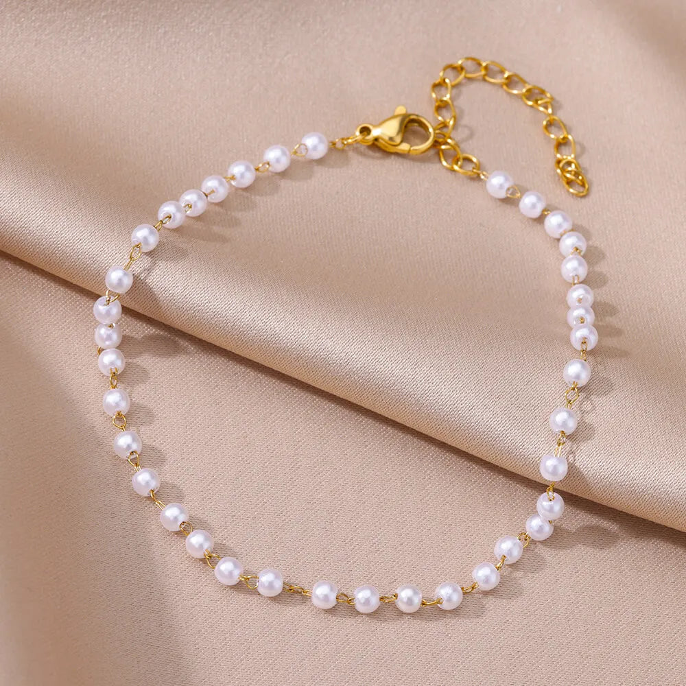 Elariah 18K Gold-Plated Stainless Steel Pearl Anklet for Women – Classic Imitation Pearl Beach Ankle Bracelet