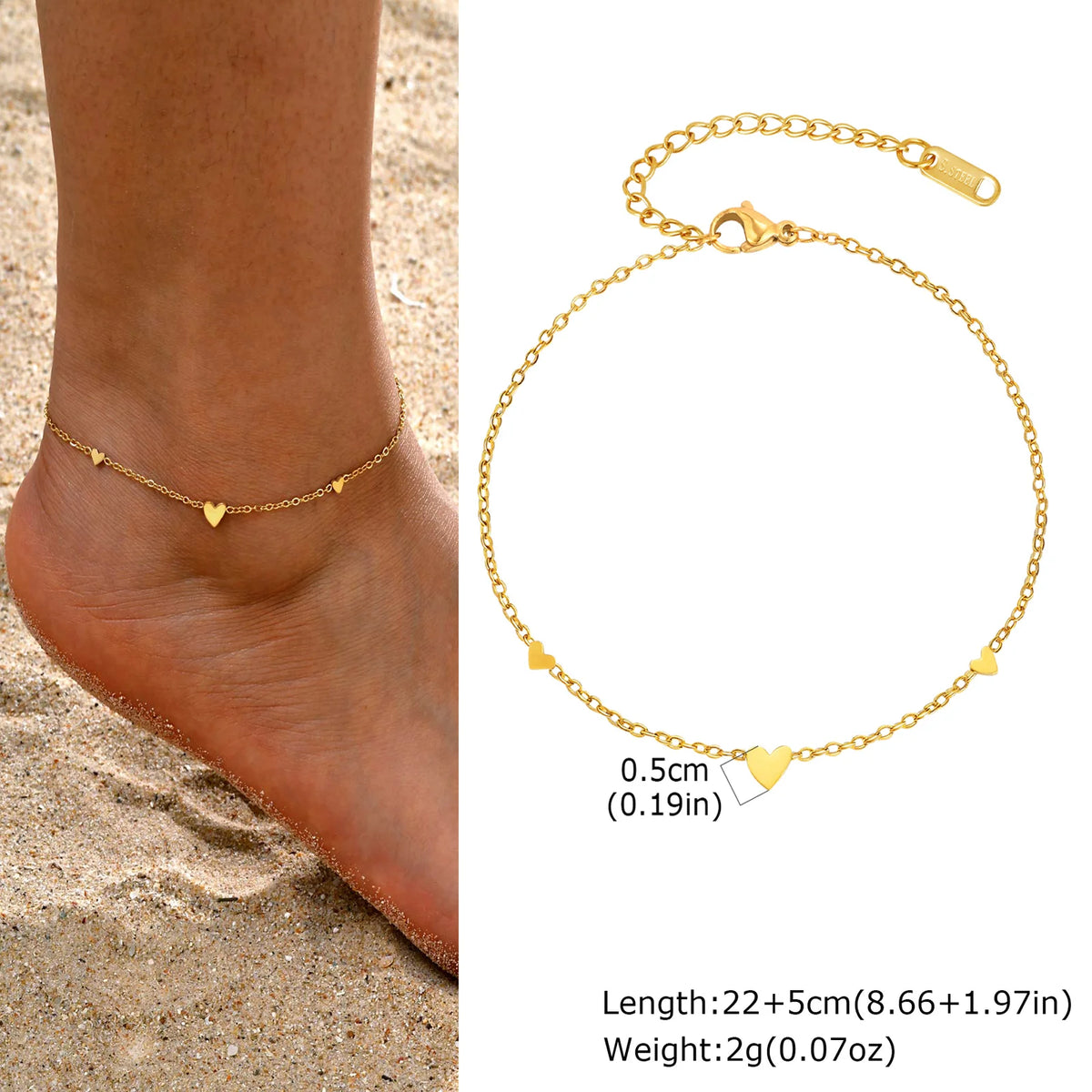 Elariah Gold Plated Stainless Steel Heart Anklet for Women – Adjustable Delicate Heart Chain Anklet Bracelet