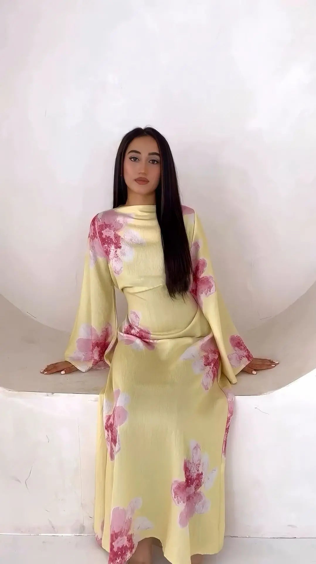 Vestido Abaya modesto con estampado floral Elariah para mujer – Caftán musulmán de manga larga, elegante vestido maxi Jalabiya para Eid, Ramadán y ocasiones especiales