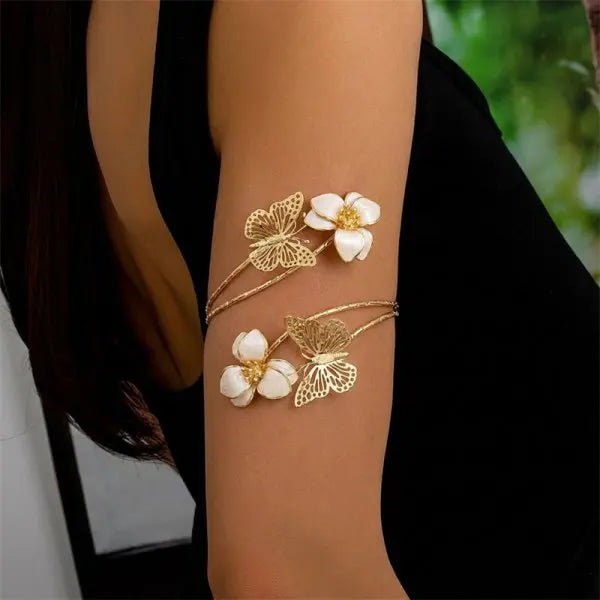 Elariah Antique Gold Hollow Flower Open Cuff Bracelet for Women – Adjustable Floral Boho Arm Cuff Bangle