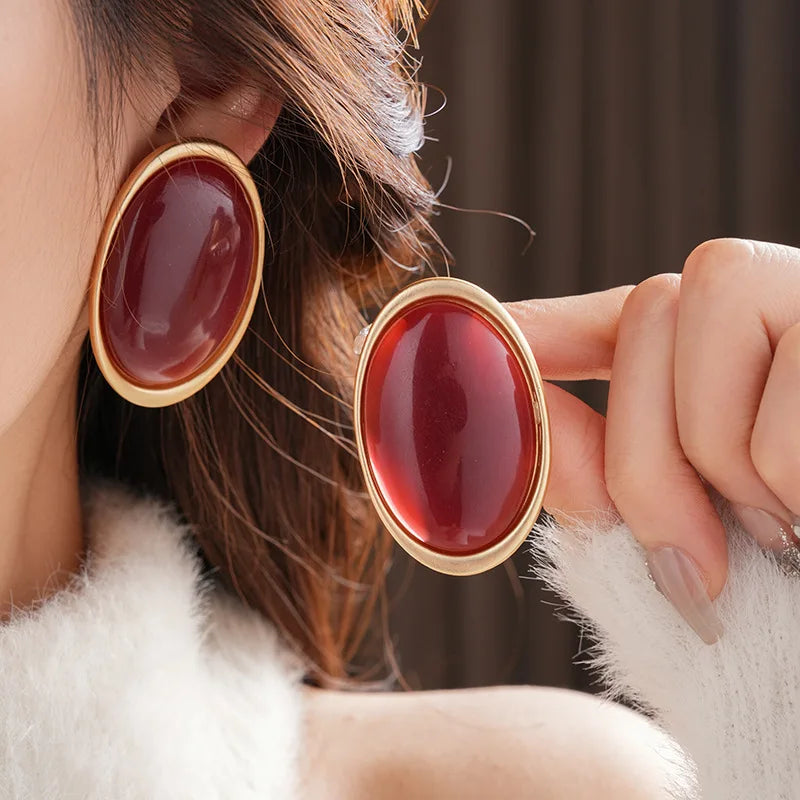 Pendientes Elariah de resina roja vintage – Pendientes grandes geométricos dorados para mujer