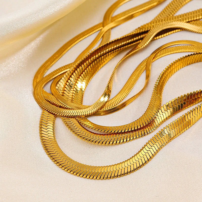 Classic Flat Snake Chain Choker Necklace – Stainless Steel Herringbone Design in Gold & Silver