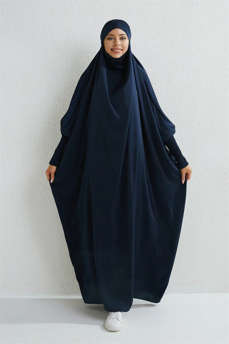 Elariah Hooded Modest Abaya Dress – Loose Fit One-Piece Jilbab with Smocked Sleeves (Black)