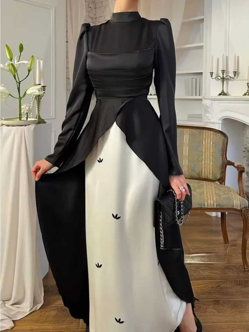 Elariah Embroidered Satin Modest Kaftan Dress – Elegant Muslim Abaya for Eid, Ramadan, Evening Party & Special Occasions