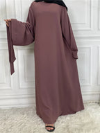 Elegant Modest Maxi Dress with Waist Tie – Long Sleeve Woven Abaya Style Dress for Women (All Season)